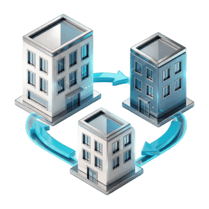 3D rendered connected buildings icon representing multi-site workplace coverage
