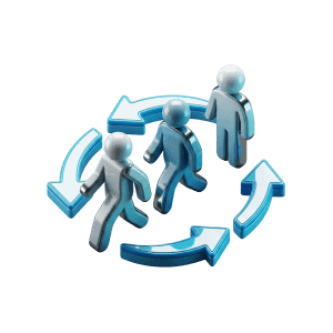 3D rendered icon of human figures in a flowing queue representing efficient employee scanning rotation
