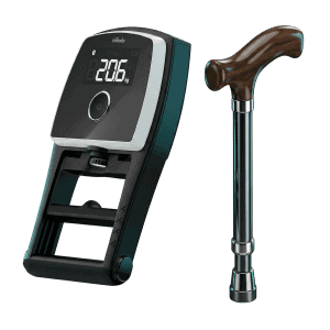 3D rendered hand grip dynamometer and a walking stick icon representing chronic disease management and functional strength assessment