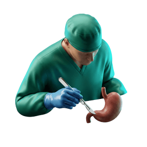 3D rendered surgeon with scalpel and stomach representing bariatric surgeons using body composition monitoring