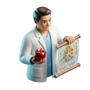 3D rendered dietitian with apple and nutrition chart representing dietitians using body composition and metabolic data