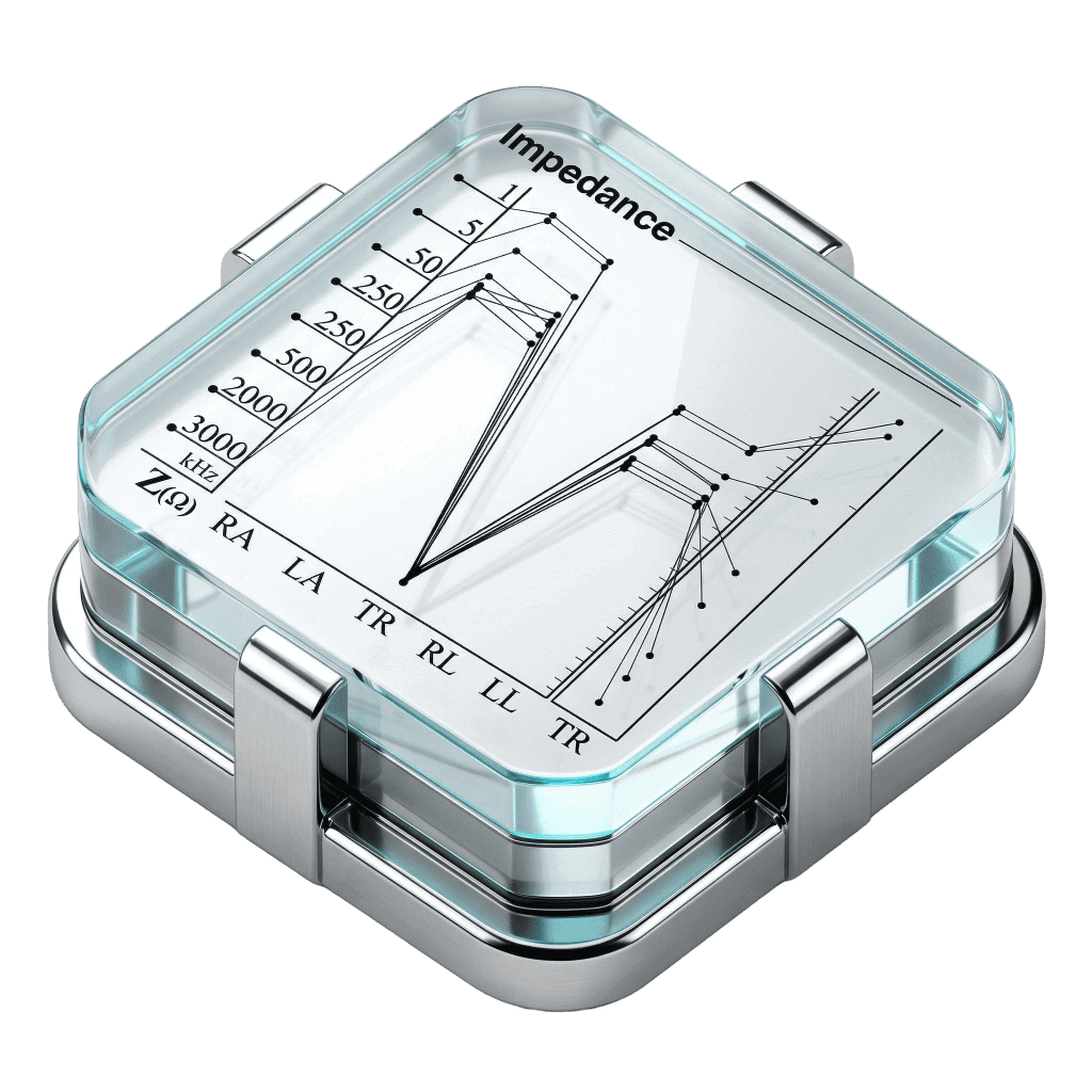 3D icon of a digital frequency spectrum analyser with eight bars representing the InBody 970 eight-frequency impedance measurement range
