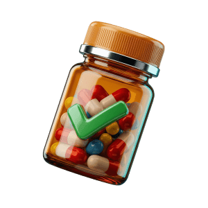 3D icon of a prescription pill bottle with capsules and a green checkmark representing continuing medications as normal before ECAL testing