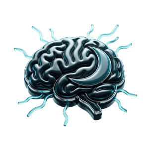 3D icon of a brain with a crescent moon and stress lines representing the effect of stress and sleep quality on ECAL metabolic test results