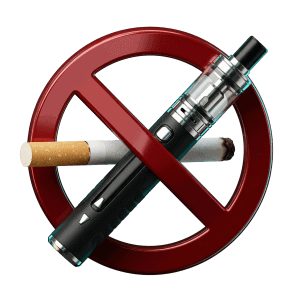 3D icon of a cigarette and vape pen with a red prohibition sign representing no nicotine before ECAL testing