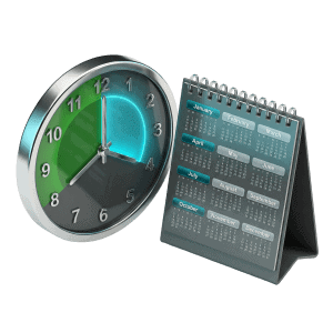 3D rendered clock plus calendar icon representing flexible half-day, full-day, or multi-visit scheduling