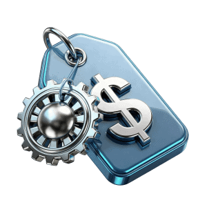 3D rendered price tag with gear icon representing tailored corporate pricing