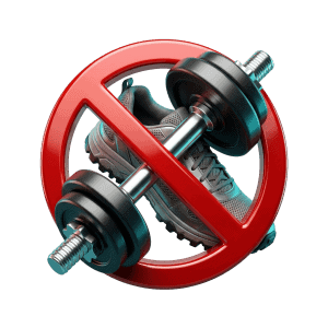 3D icon of a dumbbell and running shoe with a red prohibition sign representing no strenuous exercise before ECAL testing