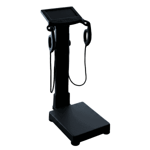 Blacked out silhouette of a generic body composition scanner representing consumer-grade gym floor devices