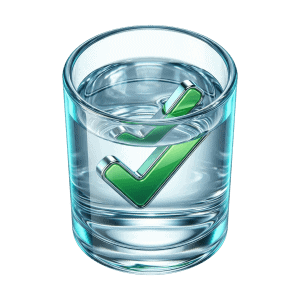 3D icon of a glass of water with a green checkmark representing continuing hydration as normal before ECAL testing