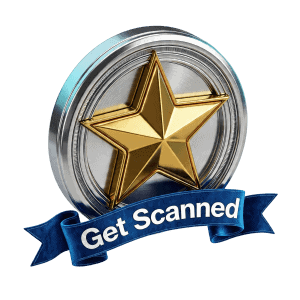 3D rendered star badge icon with Get Scanned on blue sash below representing premium service offering for fitness businesses