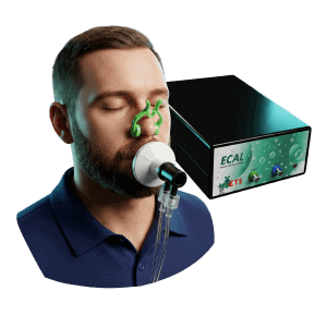 3D rendered close-up of a man breathing into the ECAL metabolic profiling mouthpiece during a resting metabolic rate test