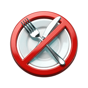 3D icon of a plate with crossed fork and knife with a red prohibition sign representing no food or drink before ECAL testing