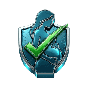3D icon of a pregnant woman silhouette with a green checkmark and shield representing ECAL test safety during pregnancy