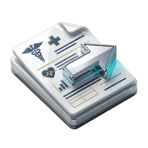3D icon of a medical referral document with a forward arrow representing next steps or medical referral after ECAL metabolic testing