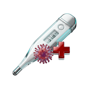 3D icon of a thermometer with a virus particle representing the effect of illness and infection on ECAL metabolic test results