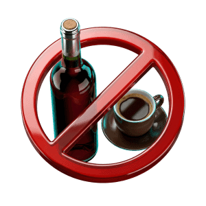 3D icon of a wine bottle and coffee cup with a red prohibition sign representing no alcohol or caffeine before ECAL testing