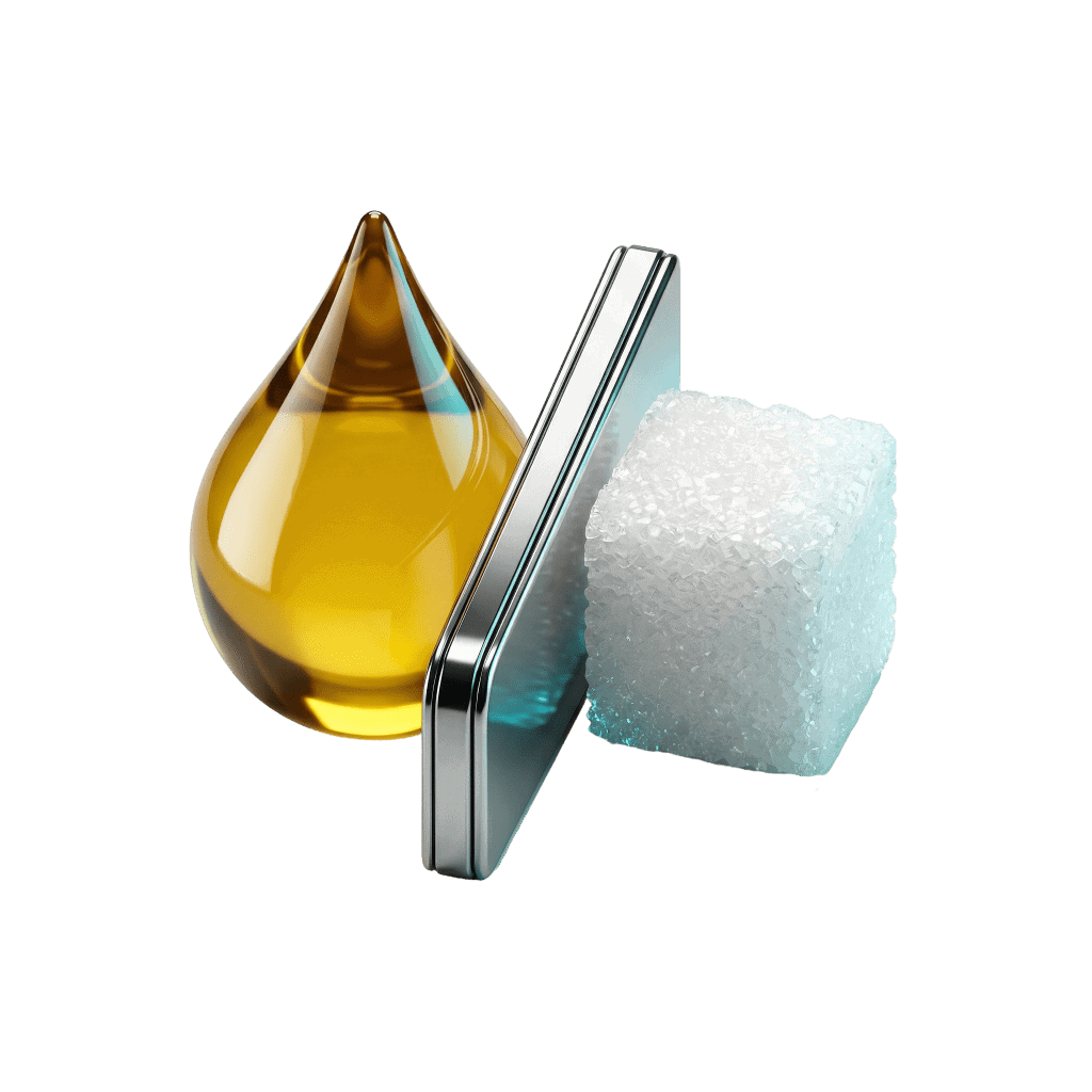 3D rendered oil droplet and sugar cube icon representing fat and carbohydrate oxidation ratios